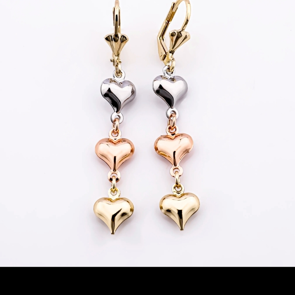 Brand New 18k Laminated Gold Elegant Heart Drop Earrings Set - Tri Color